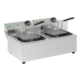 Royal Catering Kommerzielle Fritteuse Kapazität 2 x 10 l 6400 W 60-200 °C Kaltzone Ablasshahn autom. Abschaltung Thermoschutz Cool-Touch-Griff Elektro-Doppel-Fritteuse Gastro-Fritteuse