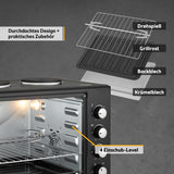 TZS First Austria - Minibackofen mit Kochplatten 60L 3200 W - Mini Backofen Pizzaofen mit Herdplatten bis 230°C & 6 Heizmodi - Miniofen Kombigerät mit 4 Einschubhöhen & hochwertigem Zubehör