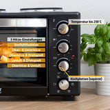 TZS First Austria - Minibackofen mit Kochplatten 60L 3200 W - Mini Backofen Pizzaofen mit Herdplatten bis 230°C & 6 Heizmodi - Miniofen Kombigerät mit 4 Einschubhöhen & hochwertigem Zubehör